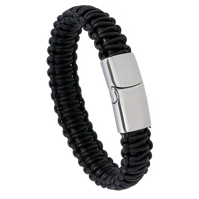Factory direct sale stainless steel magnetic buckle leather bracelets. PopularTitanium steel multi-layer woven leather wristband