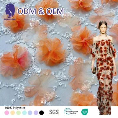 Customizable Nonwoven Laser Three-dimensional Flower Tulle Fabric with Brightly Colored Beads for Wedding Bag Toy Use