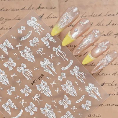 3D Relief White Lace Bow Nail Art Stickers French Ruffle Skirt Pearl Decals Nail Stickers Wholesale