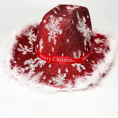 New Halloween Christmas Cowboy Hat Christmas Snowflake Party Fur-Trimmed Western Cowboy Hat