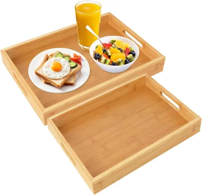 Hot Selling Large Home Kitchen Breakfast Dinner Trays Bamboo Serving Tray with Handles