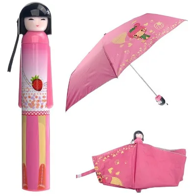 Fantastic Wholesale Cheap Lovely Japanese Doll Shape Three-folding Mini Umbrella Bottle Umbrella for Sale