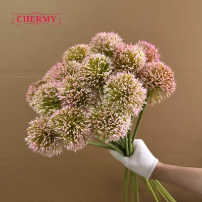 DC251 Pink Gradient Artificial Allium Flower Stem Round Globe Faux Allium for Wedding Home Floral Arrangement