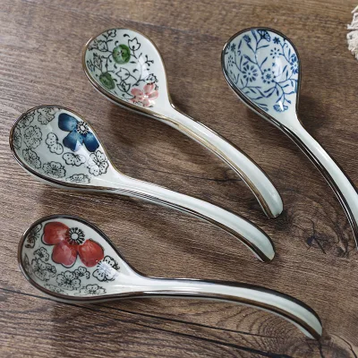 Vintage Blue and White Porcelain Long Handle Spoon Japanese Ramen Soup Spoon Noodle Soup Spoon