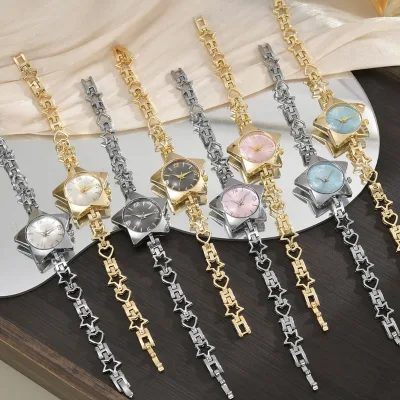 Trendy Alloy Gold Silver Plated Star Quartz Watch Adjustable Star Heart Link Bracelet Wrist Watch for Women Custom Logo