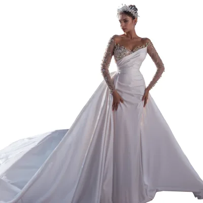 New Elegant African Mermaid Satin Wedding Dress Slim-Fit with Detachable Long Lace Evening Gown for Parties or Bridesmaid