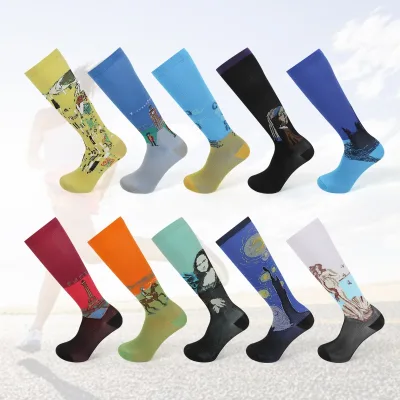 Custom Compression Socks Vintage Personalized Couple Style Oil Painting Cartoon Thickened Mid-Calf Nylon Sweat-absorbing Socks