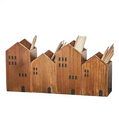 Natural Wood House Pen Holder-Multi-Purpose Desk Organizer Rustic Home Office Decor Gift for Students Walnut Brown Handmade