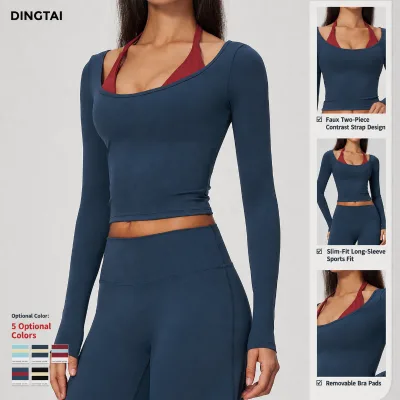 Dingtai Built-in Bra Yoga Top Women Halter Neck Long Sleeve Fake Layering Slim Fit Brushed Breathable Quick Dry Running Gym