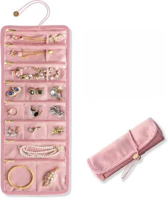 Velvet Small Foldable Pink Portable Tangle Free Anti Tarnish Travel Women Rings Earrings Necklace Jewelry Organizer Case Roll