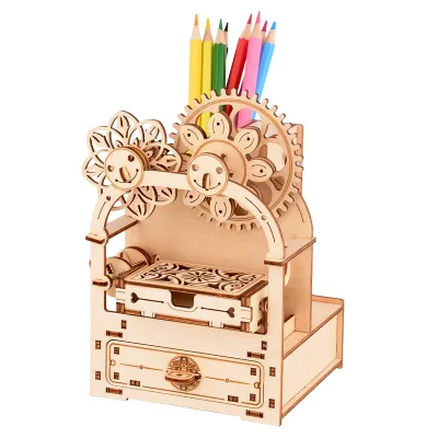 Wooden Flywheel Flower Clockwork Hand-cranked Music Box DIY Wooden Puzzle Creative Pen Holder Music Box Ornament