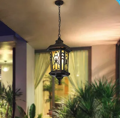 Outdoor Chandelier Waterproof Corridor Balcony E27 Carved Retro Style Courtyard Pavilion Frame European Style Chandelier LED