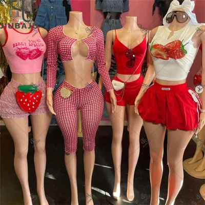 Sexy Tank Top Bubble Skirt Two Piece Sets Women Print Crop Top and Ruffle Plaid Short Pants Outfits