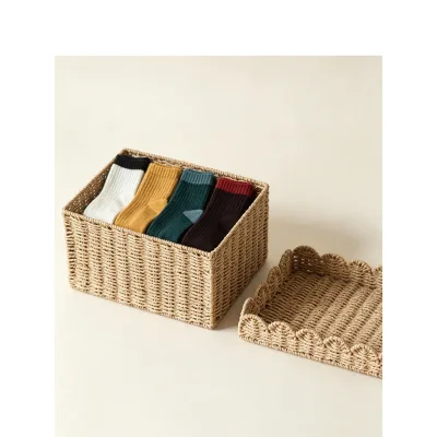 Japanese-style simple rattan woven storage box with lid, desktop organization and basket, high appearance level, sock underwear