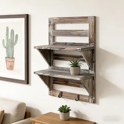 Vintage Wooden Wall Shelf Rustic Hanging Storage Rack Wooden Wall Mounted Floating Shelves for Home Decoration