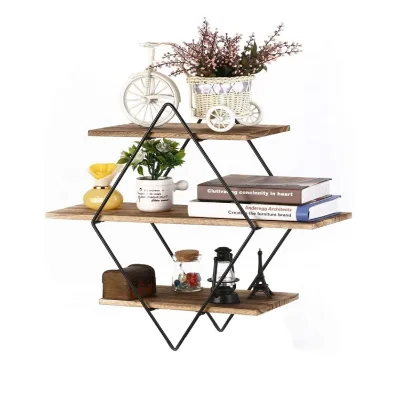 Floating Shelves 3 Tier Geometric Diamond Wall Shelves Solid Wood Metal Art Modern Durable Eco-friendly Essential Oil Display