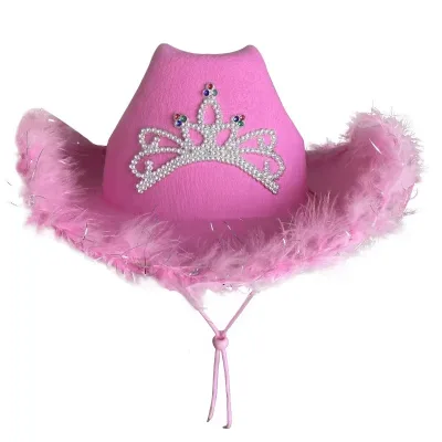 Adult Size Cowboy Hat Bachelorette Party Pink Cowgirl Hat with Fluffy Feather Brim