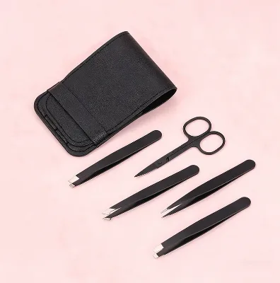 Custom Logo 4/5 Pcs Black Eyebrow Tweezers Kit Makeup Eyebrow Clip Tools Precise Stainless Steel Eyelash Tweezers With PU Case