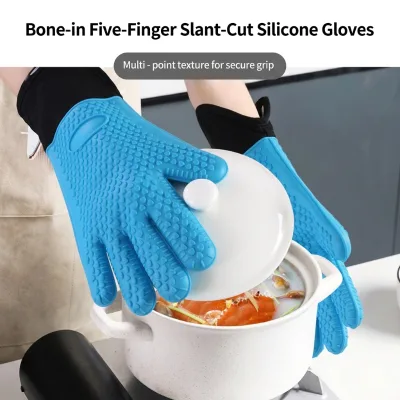 Baking Gloves Heart-Shaped Flat-Bottomed Extended Cotton-Lined Silicone Thickened Five-Finger Design Microwave Oven Heat
