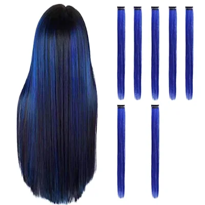 Blue Hair Clip-in 22 Inch  Long Straight Colored Women Highlight Party Synthetic High Temperature Fiber