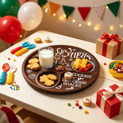 Santa Treats Shabby Chic Modern Wooden Plate Christmas Round Wood Serving Tray for Home Parties Cookies Milk & Snacks