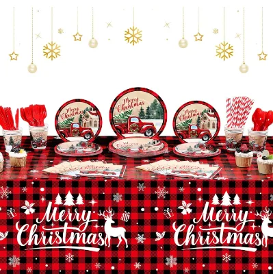 Red Truck Paper Plates Cups Napkins Buffalo Plaid Tablecloth Disposable Tableware Set Cutlery for Merry Christmas Party Supplies
