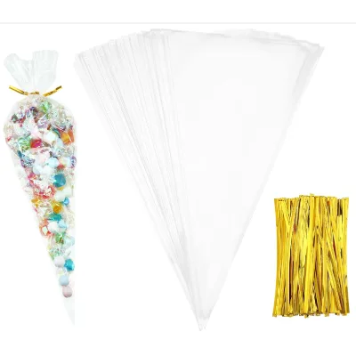 100pcs / Pack 6.25x12 Inch Cone Shape Treat Bag Clear Cellophane Candy Bag with Twist Ties for Party Shop Supplies