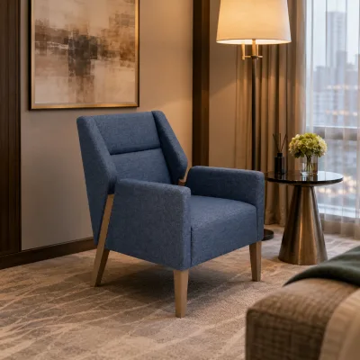 Hotel Guest Room Lounge Armchair Blue Upholstered High Back Chair for Commercial Hospitality Furniture Procurement