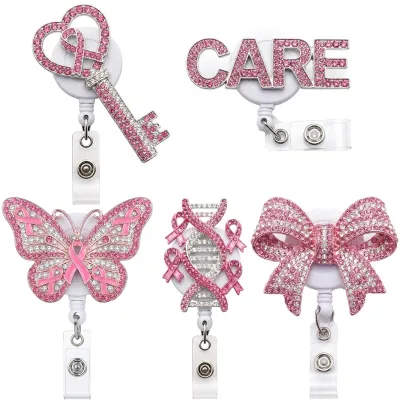 Wholesale Rhinestone Alloy Pink Ribbon Breast Cancer Awareness Badge Reel Butterfly Bow Key CARE Letter ID Name Card Holder