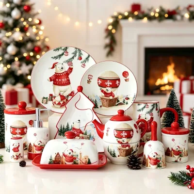 Polar Bear Christmas Ceramic Dinnerware Set Dishwasher Safe Porcelain Set Flat Dessert Plate for Festive Holiday