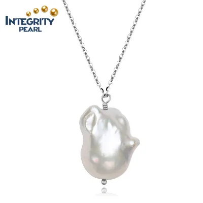 Large White Black Baroque Pearl Pendant 925 Sterling Silver Real Pearl Necklace Pendant