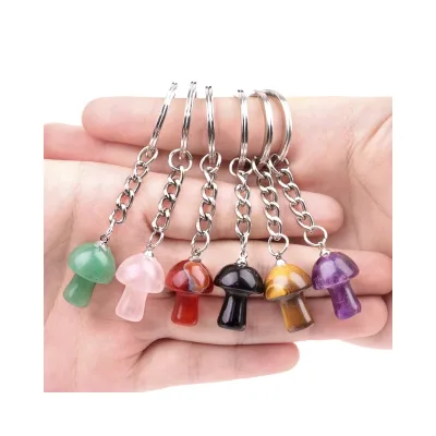 Wholesale Custom Mixed Quartz Crystal Metal Keychain with Hanging Healing Stones Pendant Mushroom Shape Bag Hanging Keychain