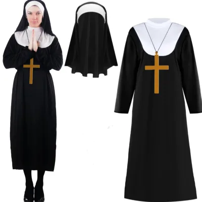 Halloween Costume Women's Nun Costume Traditional Adult Sister Black Robe Religious Costumes Church Stole and Choir Robes