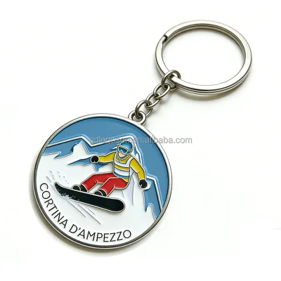 Personalized Winter Snow Games Sports Enamel Cortina D'Ampezzo Souvenir Keyring Round Metal Custom Logo Ski Snowboard Keychain