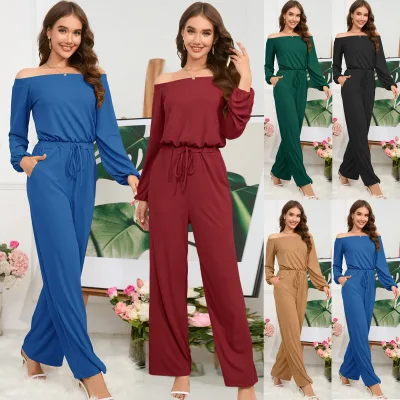 Latest Design Solid V-Neck One Shoulder Casual One Piece Jumpsuit Long Sleeve Straight Tube Pants High Waist Lace-up Long John
