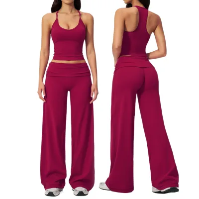 Women's Solid Quick Dry Stretchy Sports Exercise Gym Wear Fold Wait Flare Pants Tank Top 2 Piece Set