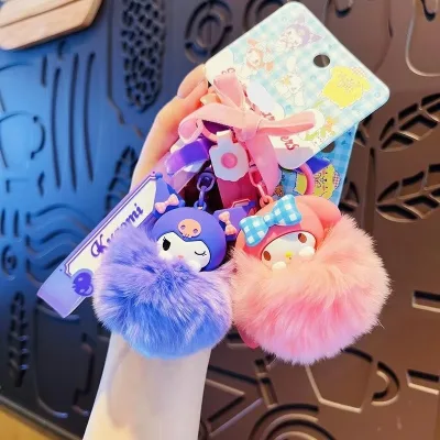 fashion Kulomi Furry Plush Keychain Cartoon Cute Car Backpack Pendant Charm Melody Big Pompom Keychain