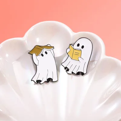 White Cartoon Cute Cute Ghost Book Series Metal Badge Fun Halloween Peripheral Alphabet Spirit Brooch With Accessories