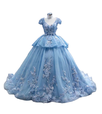 Feishiluo 3D Flower Latest Gown Evening Gowns Blue Girl Prom Fashion Dress V Neck Part Dress