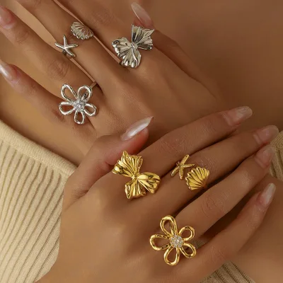 18K Genuine Gold Electroplated European and American Design butterfly Bow Starfish Flower Hollow Ring