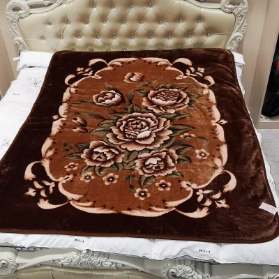 Custom Korean Winter Plaid Sherpa Raschel Bed Throw Chunky Fluffy Flower Print Blanket