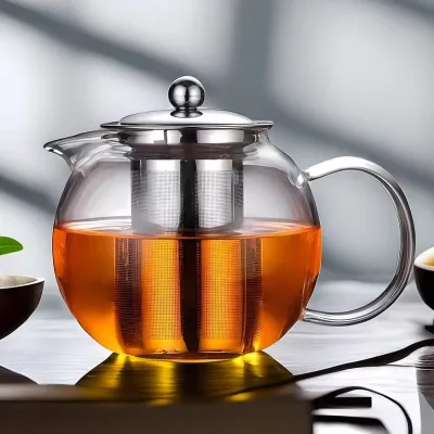 High Borosilicate Glass Flower Tea Teapot Office Bamboo Tea Set Tea Set Transparent Glass Beam Teapot