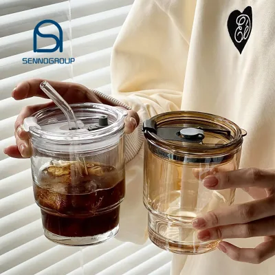High Quality Couple Cup Reusable Glass Coffee Cup With Straw and Lid Portable Water Cup