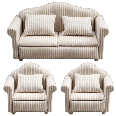 Miniature Doll House Toys Fabric Sofa Brown Beige Stripped Two-seated Single-seated Dollhouse Miniatures Customizable