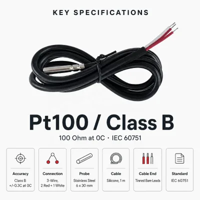 GAIMC Industrial Pt100 RTD Probe 3 Wire Class B Stainless Steel Silicone Cable for Screw Compressor Oil & Air Temperature