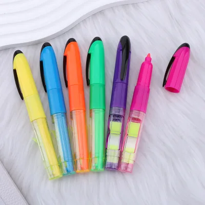 Colorful Plastic Sticky Highlighters Fluorescent Built-in Sticky Notes Custom Logo Printing for Students Text Marking