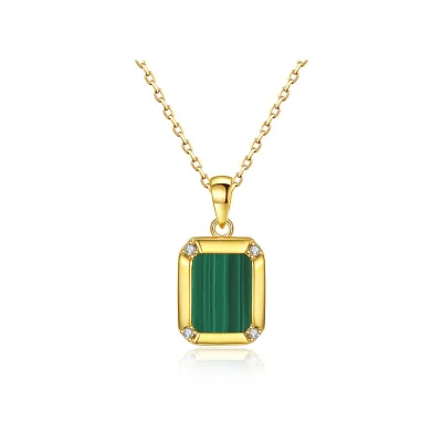 S925 Sterling Silver Malachite Simple Square Women'S High-End Clavicle Chain Square Necklace Silver for Girlfriend for Women