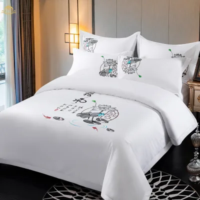 Luxury Textile 100% Cotton Chinese Jacquard Style Embroidered Pattern Bed Sheets 4 Pcs Set Disposable 300TC White All-Season for