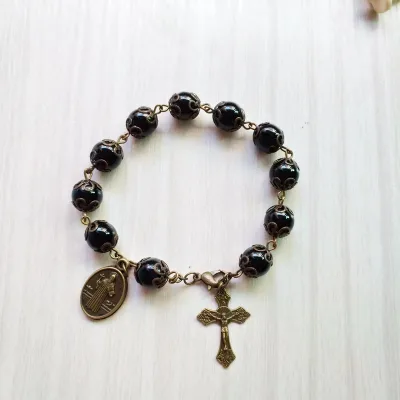 Hot sell catholic black glass imitation pearl beads bracelet cross pendant bracelet for Men Jewelry Gifts