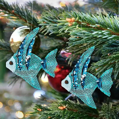 6.7\" Coastal Christmas Fish Ornaments 2pcs Beach Themed Hanging DIY Handmade Fish Christmas Decorations
